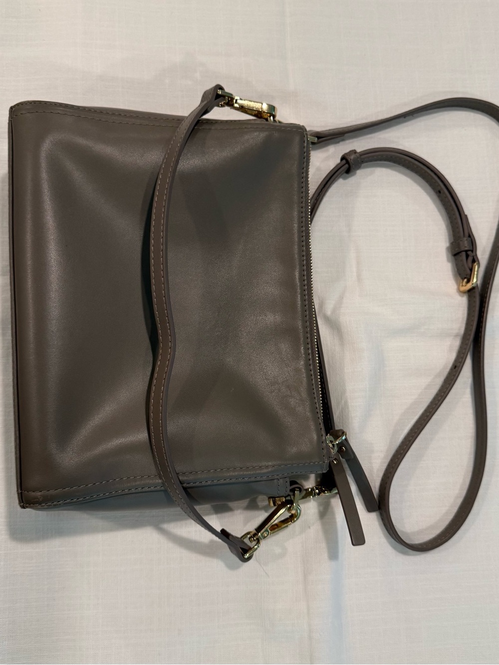 Quince Triple Compartment Taupe Leather Crossbody with Gold Hardware - Picture 8 of 8